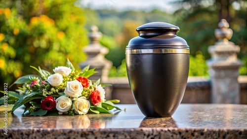 Black memorial urn containing cremated remains as a farewell token at a funeral , memorial, urn, remains, cremated, farewell, funeral, commemoration, grief, loss, mourning, remembrance photo