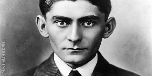 Close-up black and white vintage engraving headshot portrait of Franz Kafka on a white background, Franz Kafka, novelist, writer, historical, German-speaking, Bohemian, Jewish, close-up photo