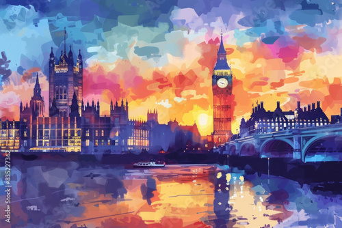 Vivid artistic illustration of London, England with Big Ben Tower at sunset