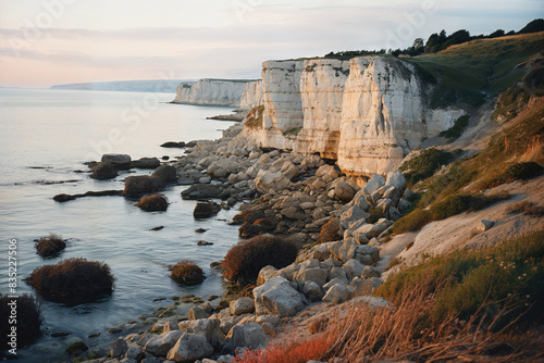 Serene sunrise at coastal chalk cliffs. Generative AI image photo