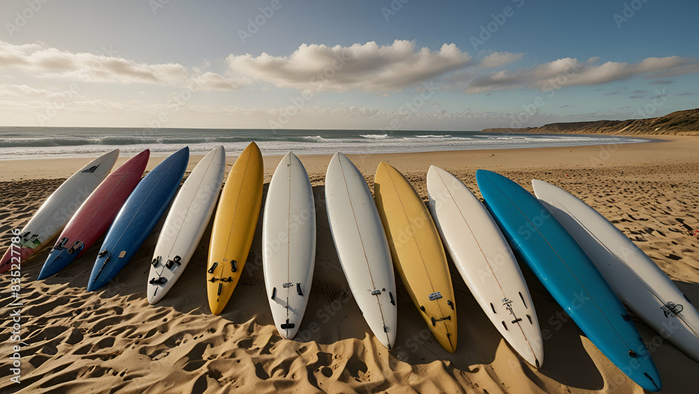 Surfboards lined on sandy beach, waves in background, epitome of beach culture, awaiting surfers' adventures. Surfboards lined on sandy beach, waves in background, epitome of beach culture, awaiting surfers' adventures.