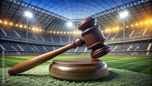 Gavel justice gavel with a sports stadium background, representing sports law and taxes on sports transfers , sports law, taxes, soccer, football, baseball, track and field, gavel, justice photo