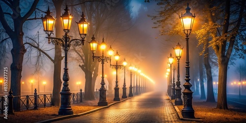 Vintage street lamps casting enchanting glow over foggy avenue at night, Vintage, street lamps, illuminate, mystical, fog-laden, avenue, serene, night, enchanting, aura, scene, atmospheric © rattinan