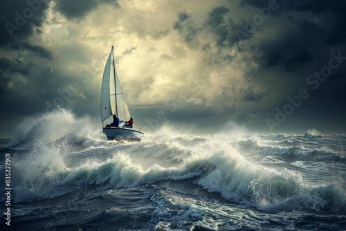 Anonymous sailors navigating stormy seas. Generative AI image photo