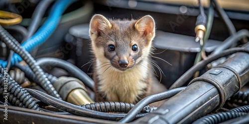 Close-up of a marten in the engine compartment of a car surrounded by cables and hoses, marder, motor compartment, car engine, cables, hoses, automotive, vehicle damage, wildlife, pest