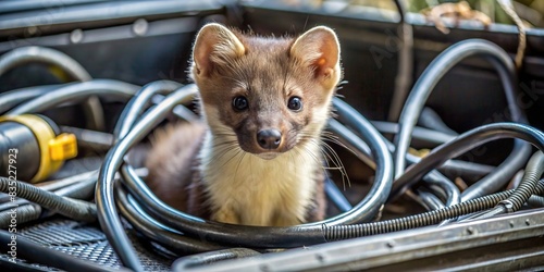 Close up of a marten in the engine compartment of a car surrounded by cables and hoses , marten, engine compartment, car, cables, hoses, automotive, wildlife, damage, insulation, wires