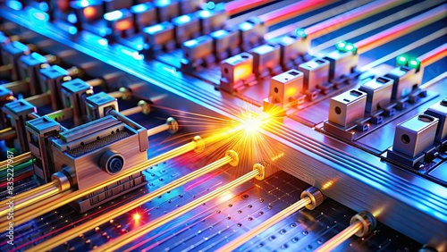 Close-up view of an optical switch redirecting light beams to different outputs, technology, innovation, networking, telecommunications, data transfer, electrical engineering, fiber optics