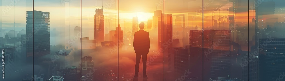 Silhouette of a man walking towards a bright light in a city setting. Silhouette of a man walking towards a bright light in a city setting.
