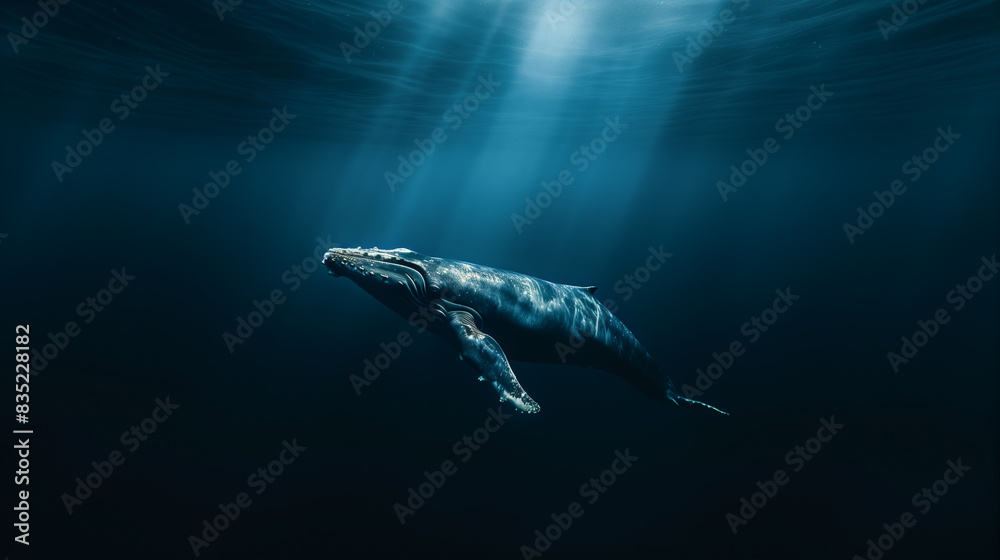 Humpback whale gliding gracefully in deep ocean waters. Generative AI image Humpback whale gliding gracefully in deep ocean waters. Generative AI image