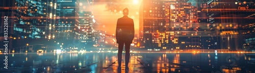 Silhouette of a man walking through a futuristic city.