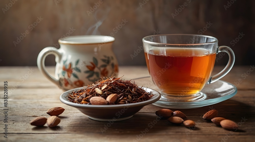 rooibos and a cup of tea, aesthetically pleasing, natural light, cherry and almonds in the background rooibos and a cup of tea, aesthetically pleasing, natural light, cherry and almonds in the background