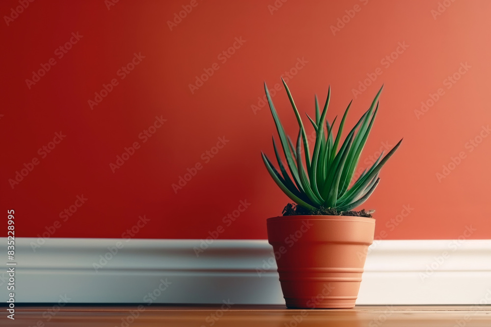 Potted plant against red wall with white baseboard
