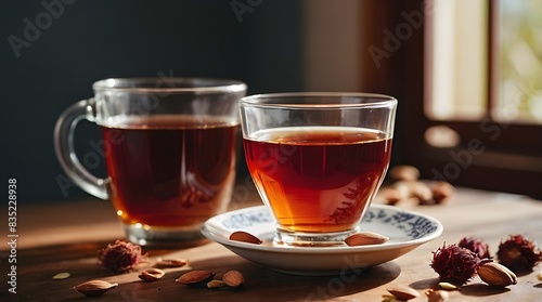 rooibos and a cup of tea, aesthetically pleasing, natural light, cherry and almonds in the background