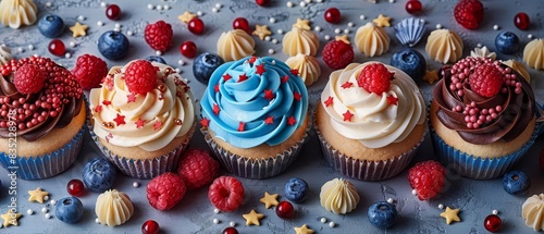 Colorful cupcakes topped with various frostings and berries on a blue background, surrounded by sprinkles and decorative stars. photo