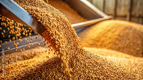 Close-up of wheat grain pouring into storage container , agriculture, crop, harvest, grains, organic, farming, cultivation, food storage, natural, healthy, bulk, seeds photo