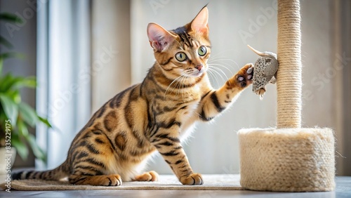 A playful Bengal cat swats at a plush mouse toy on a scratching post, Bengal cat, playing, plush mouse, scratching post, toy, pet, feline, domestic, animal, fun, kitty, curious, quirky photo