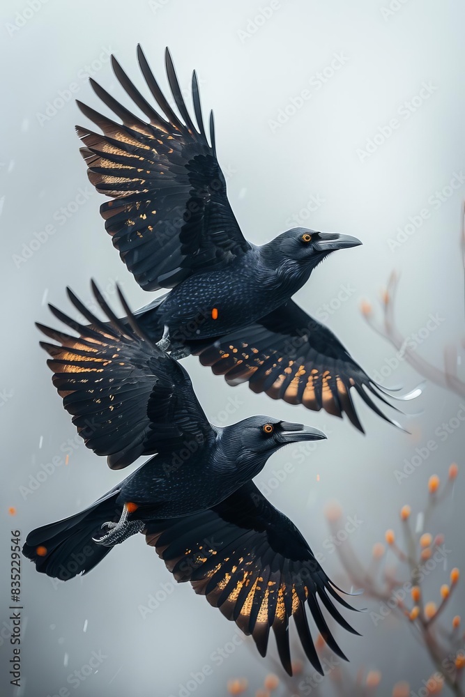 Fototapeta premium Two black birds in flight with wings spread against a blurred background on a cloudy day.