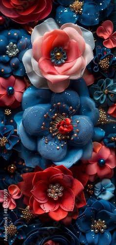Vibrant close-up of intricate blue and red flowers with delicate details, perfect for backgrounds and artistic projects.