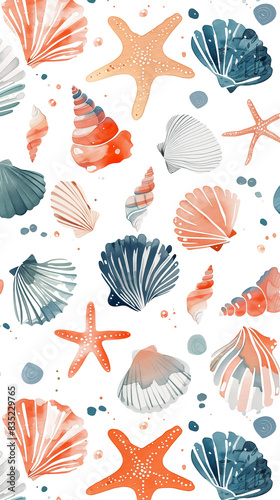 Pattern with colorful starfish, seashells, coral and seaweed on white background