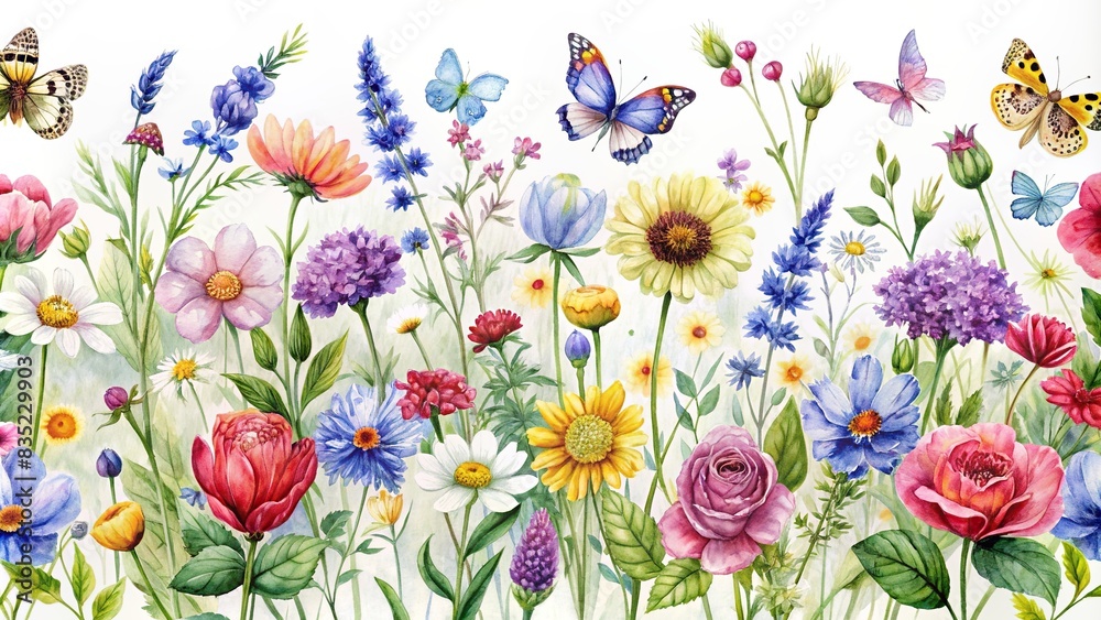 Watercolor floral seamless border featuring a variety of wildflowers such as summer blossom, poppies, chamomile, dandelions, cornflowers, lavender, violet, bluebell, clover, buttercup