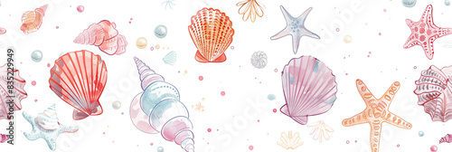 Watercolor pattern with starfish, seashells, and coral in pastel colors, banner. Panoramic web header. Wide screen wallpaper
