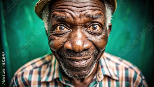 Abstract portrait of a comical elderly African man gazing at the camera, with wide angle studio background , funny, older, African, man, wide angle, studio, portrait, comical, elderly