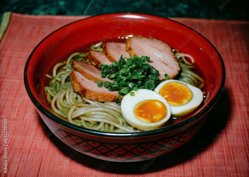 Japanese ramen soup with chicken, egg, chives and sprout on dark wooden background. Japanese ramen soup with chicken, egg, chives and sprout on dark wooden background.