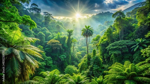 Lush forest with vibrant green foliage, showcasing a net zero carbon footprint and promoting sustainability , sustainable, eco-friendly, carbon negative, nature, forest, trees, green