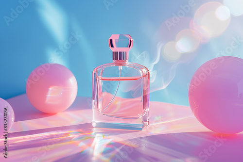 Elegant perfume bottle with pink spheres in soft light setting, lens flare