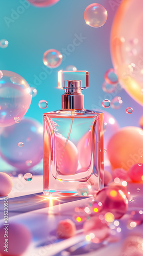 Perfume bottle with bubbles and colorful gradient background, cosmetic product