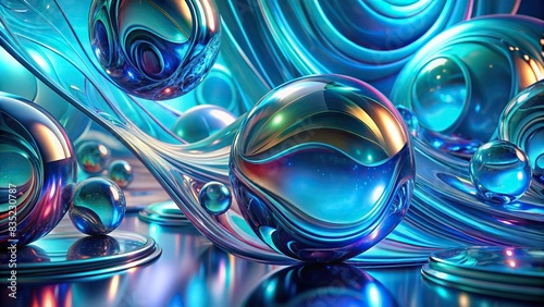Abstract holographic glass morphism design with flowing turquoise and blue shapes, technology, futuristic, background, wallpaper, digital, innovation, vibrant, abstract, concept photo