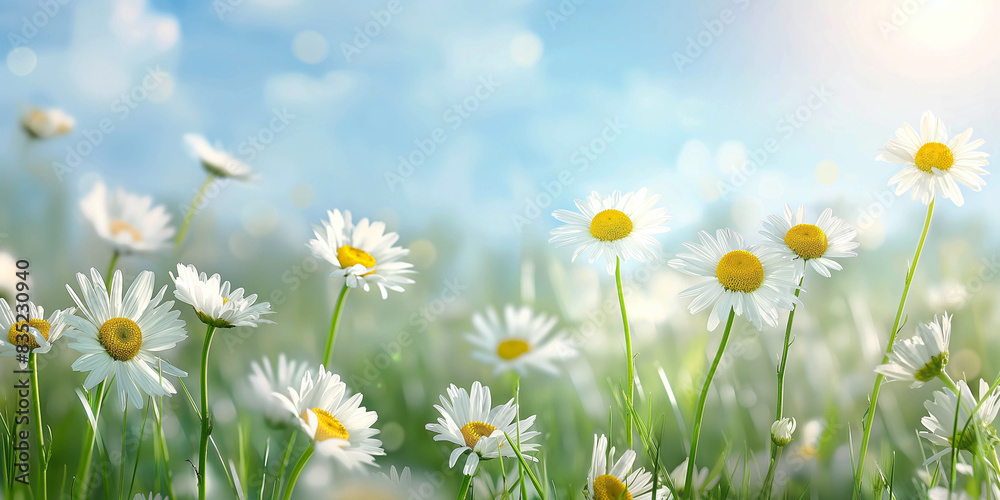 photograph of a panoramic summer landscape with a bright field of blooming daisies against a blue sky. Ideal for modern summer banner