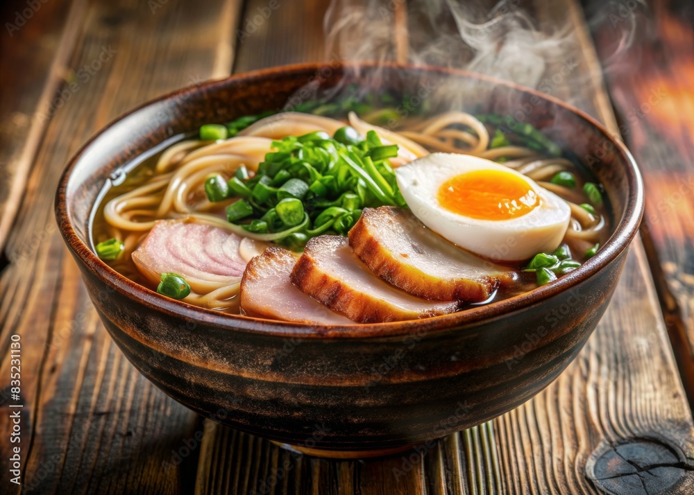 Japanese ramen soup with chicken, egg, chives and sprout on dark wooden background. Japanese ramen soup with chicken, egg, chives and sprout on dark wooden background.