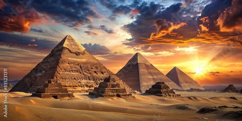 Artistic of Egyptian pyramids at sunset  ancient  architecture  desert  Egypt  historical  landmark  majestic  monument  mysterious  pyramid  ruins  sand  sky  structure  sunset  tourism