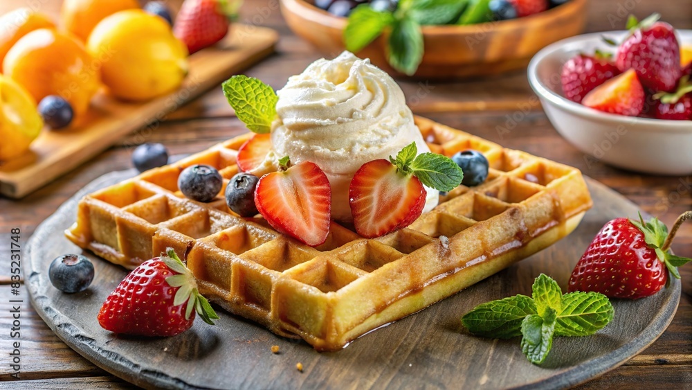 Vanilla waffle with whipped cream, fruit, syrup, honey, and ice cream ...