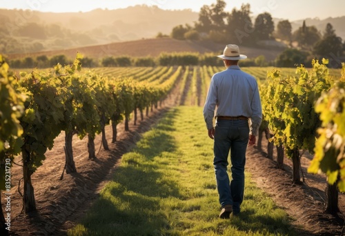 A man walks through a vineyard, reflecting on the rows of grapevines and nature.
