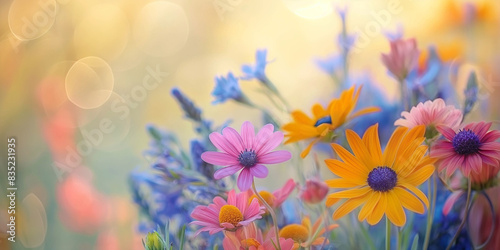 Modern summer banner with wildflowers bouquet on blurred background