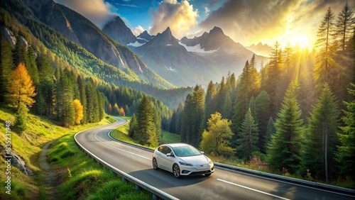 Electric car driving on winding forest road in the mountains , EV, electric vehicle, car, driving, winding road, forest, mountains, green, eco-friendly, sustainable, transportation photo