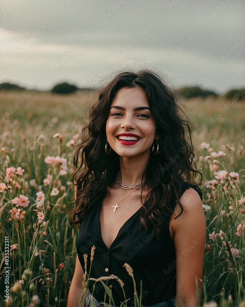 Smiling woman standing in a wildflower field on a cloudy day Smiling woman standing in a wildflower field on a cloudy day