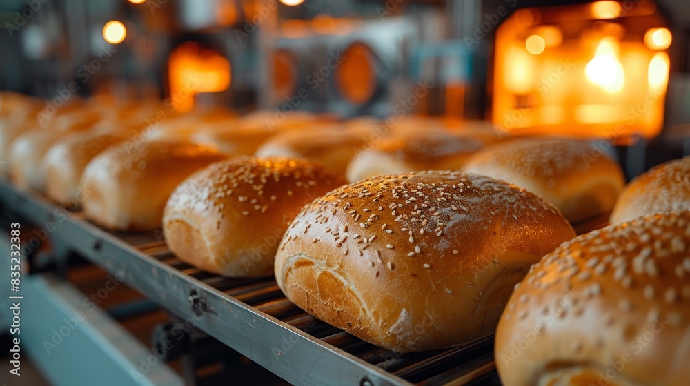 Close-up view of fresh bread on a conveyor, with a golden crust and a traditional bread oven glowing behind Close-up view of fresh bread on a conveyor, with a golden crust and a traditional bread oven glowing behind