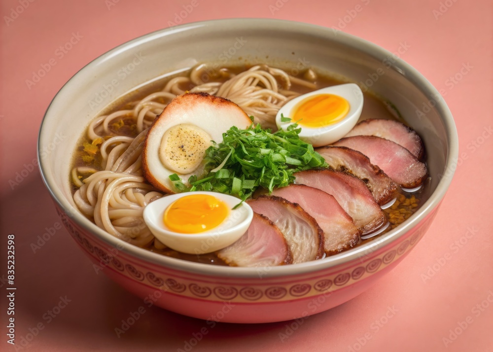 Japanese ramen soup with chicken, egg, chives and sprout on dark wooden background. Japanese ramen soup with chicken, egg, chives and sprout on dark wooden background.