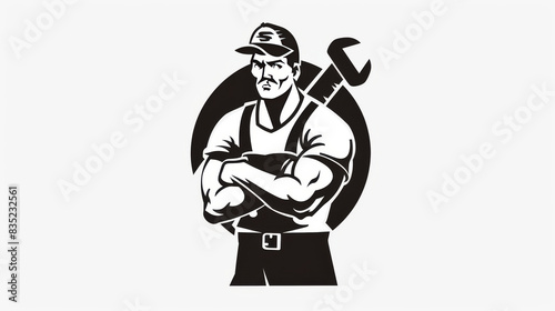 Minimalistic icon depicting a mechanic with tools in a black-and-white vector drawing