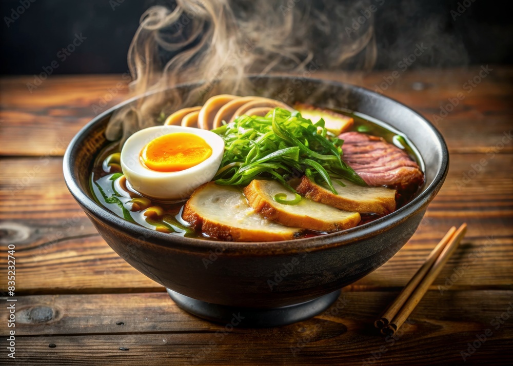 Japanese ramen soup with chicken, egg, chives and sprout on dark wooden background. Japanese ramen soup with chicken, egg, chives and sprout on dark wooden background.
