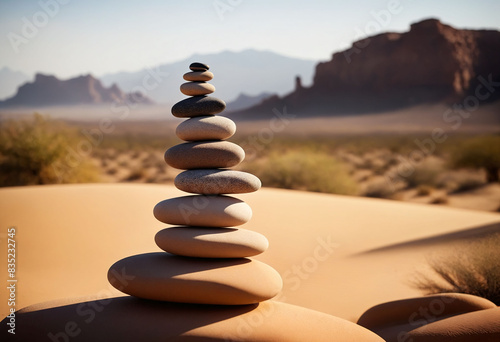 Stack of zen stones against a beautiful desert landscape background