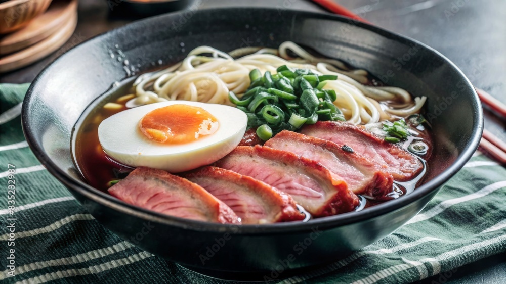 Japanese ramen soup with chicken, egg, chives and sprout on dark wooden background.