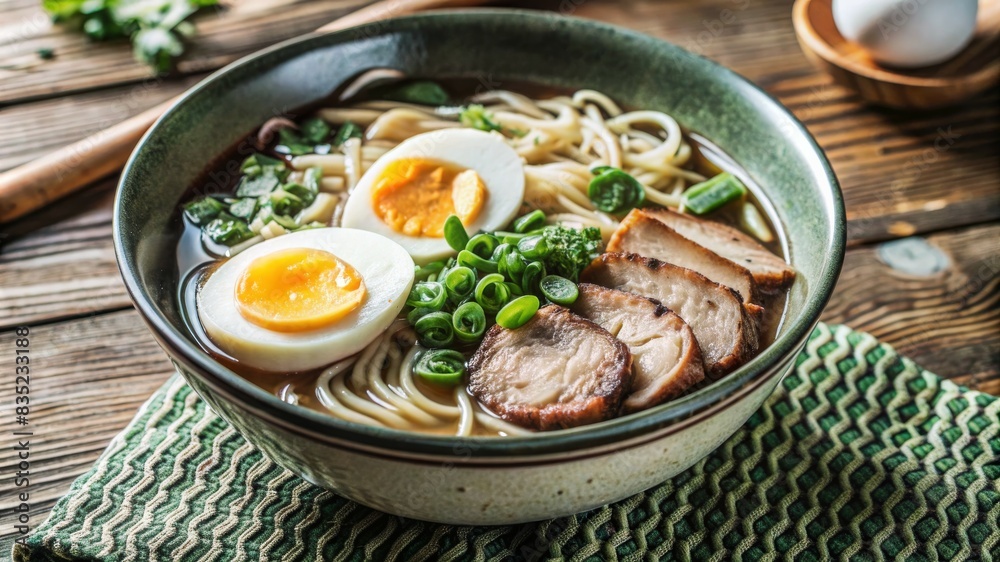 Japanese ramen soup with chicken, egg, chives and sprout on dark wooden background. Japanese ramen soup with chicken, egg, chives and sprout on dark wooden background.