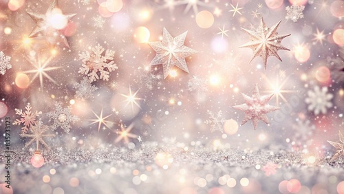 Magical holiday glitter background with bokeh snow and star patterns in light gray and pale pink, luxury, shiny, defocused, design, generative ai, holiday, festive, abstract, elegant photo