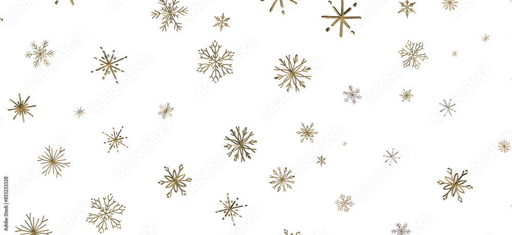 Snowflakes - new year pattern. Christmas theme, golden openwork shiny snowflakes, star, 3D rendering. Snowflakes - new year pattern. Christmas theme, golden openwork shiny snowflakes, star, 3D rendering.