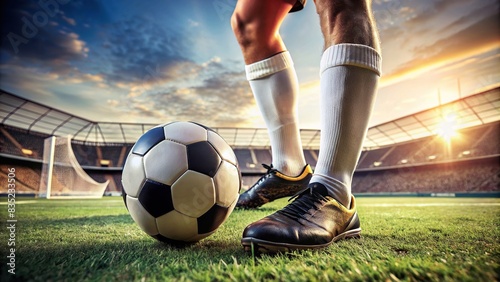 Close-up photo of a soccer ball and football player's legs playing on the field , sports, competition, athlete, grass, action, match, game, equipment, teamwork, kicking, goal, movement photo
