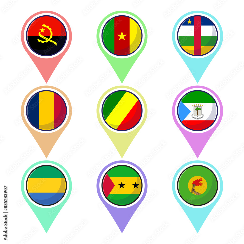 Central african countries flags. Flat vector map element design, travel symbols, landmark symbols, geography and map flags emblem. Central african countries flags. Flat vector map element design, travel symbols, landmark symbols, geography and map flags emblem.